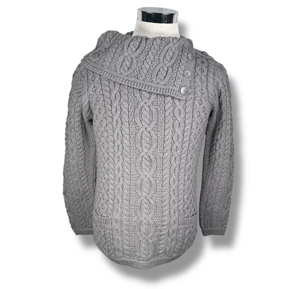 Aran Crafts Fisherman Sweater Women’s Small Gray Merino Wool Button Shawl New - Picture 1 of 9